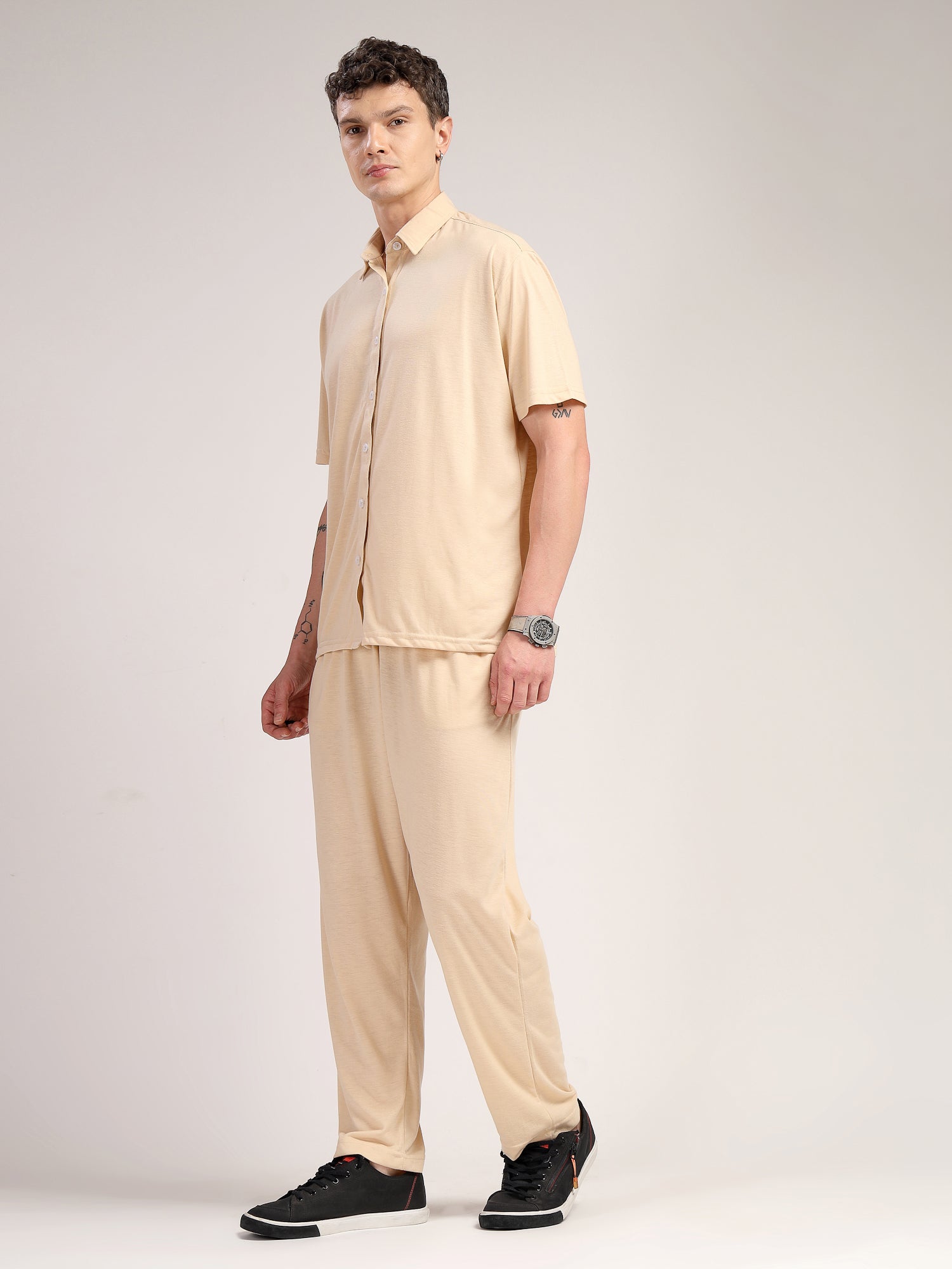 Thomas Scott Men Beige Relaxed Fit Solid Polyester Co-Ords Set