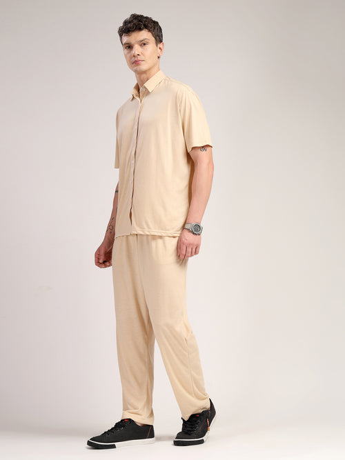 Thomas Scott Men Beige Relaxed Fit Solid Polyester Co-Ords Set
