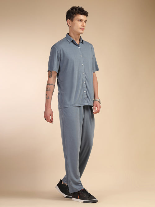 Thomas Scott Men Blue Relaxed Fit Solid Polyester Co-Ords Set
