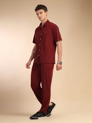 Thomas Scott Men Wine Relaxed Fit Solid Polyester Co-Ords Set