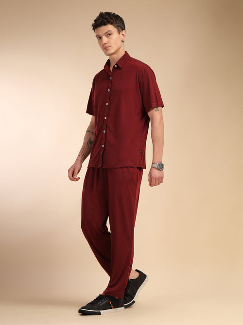 Thomas Scott Men Wine Relaxed Fit Solid Polyester Co-Ords Set
