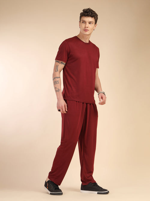 Thomas Scott Men Wine Round Neck Relaxed Fit Solid Polyester Co-Ords Set