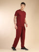 Wine Round Neck Relaxed Fit Solid Polyester Co-Ords Set For Men