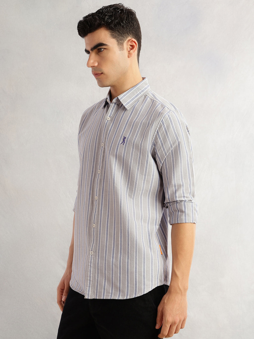 Thomas Scott Men Grey Slim Fit Long Sleeves Vertical Stripes Spread Collar 100% Cotton Oxford Casual Shirt