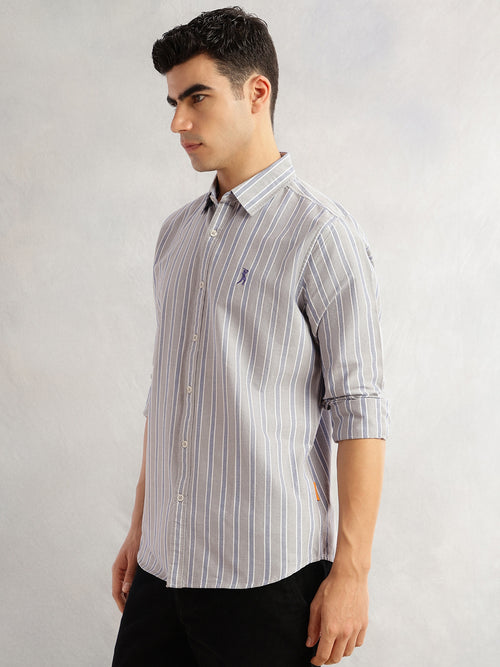 Thomas Scott Men Grey Slim Fit Long Sleeves Vertical Stripes Spread Collar 100% Cotton Oxford Casual Shirt