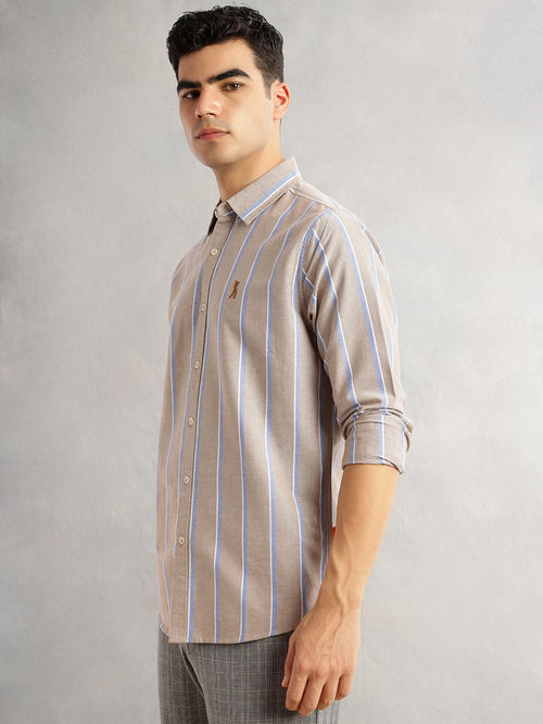 Thomas Scott Men Beige Slim Fit Long Sleeves Spread Collar 100% Cotton Oxford Casual Shirt