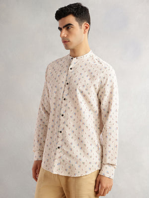 Thomas Scott Men Beige Slim Fit Long Sleeves Mandarin Collar Geometric Printed Cotton Linen Casual Shirt