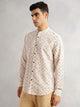 Thomas Scott Men Beige Slim Fit Long Sleeves Mandarin Collar Geometric Printed Cotton Linen Casual Shirt