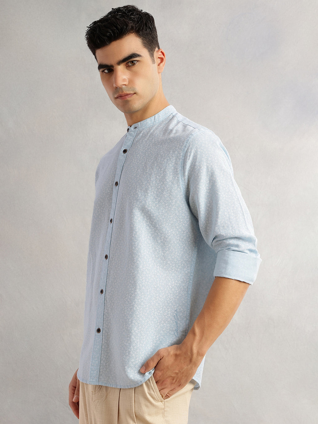 Thomas Scott Men Blue Slim Fit Long Sleeves Mandarin Collar Conversational Printed Cotton Linen Casual Shirt