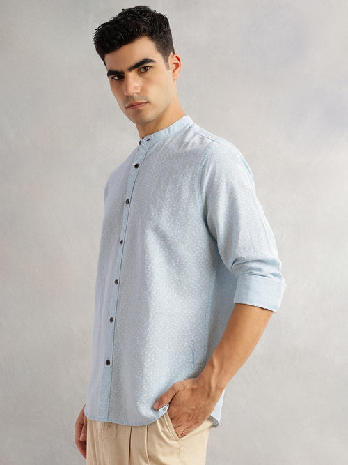 Thomas Scott Men Blue Slim Fit Long Sleeves Mandarin Collar Conversational Printed Cotton Linen Casual Shirt