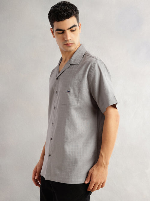 Thomas Scott Men Grey Oversized Fit Short Sleeves Cuban Collar Gingham Checks 100% Cotton Casual Shirt