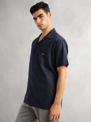 Thomas Scott Men Navy Oversized Fit Short Sleeves Cuban Collar Gingham Checks 100% Cotton Casual Shirt
