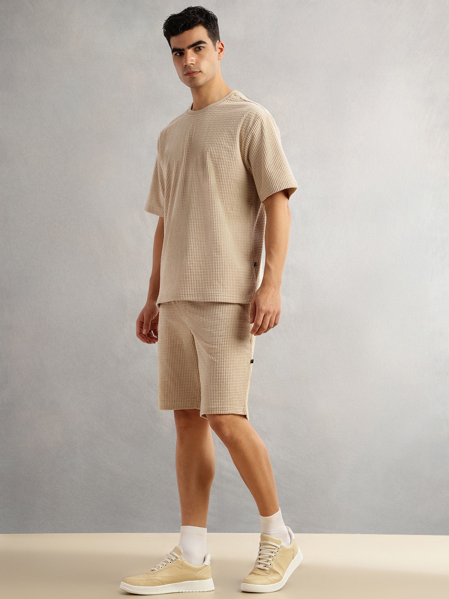 Thomas Scott Men Beige Cordery Checks Polyester Knitted Co-Ord Sets With Short Sleeves & Round Neck