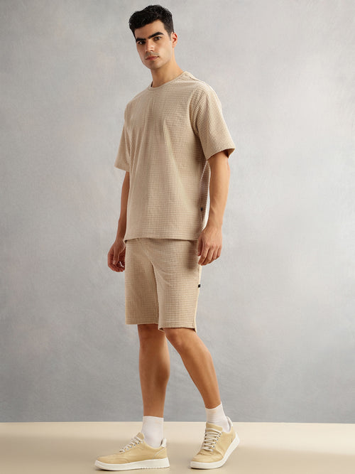 Thomas Scott Men Beige Cordery Checks Polyester Knitted Co-Ord Sets With Short Sleeves & Round Neck