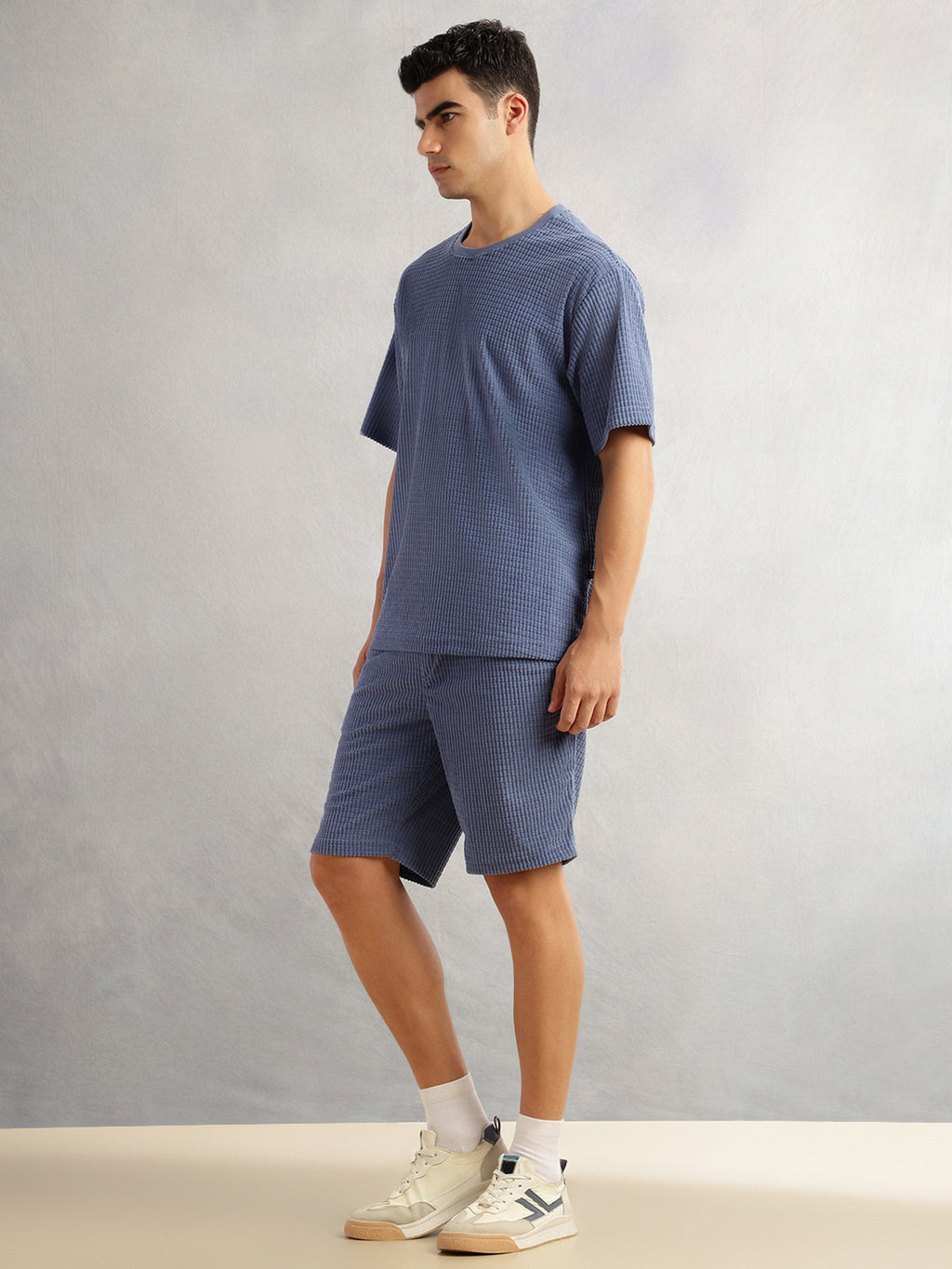 Thomas Scott Men Blue Cordery Checks Polyester Knitted Co-Ord Sets With Short Sleeves & Round Neck