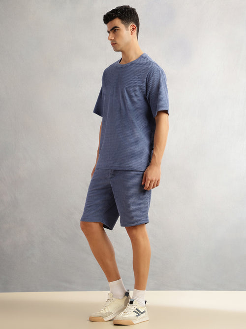 Thomas Scott Men Blue Cordery Checks Polyester Knitted Co-Ord Sets With Short Sleeves & Round Neck