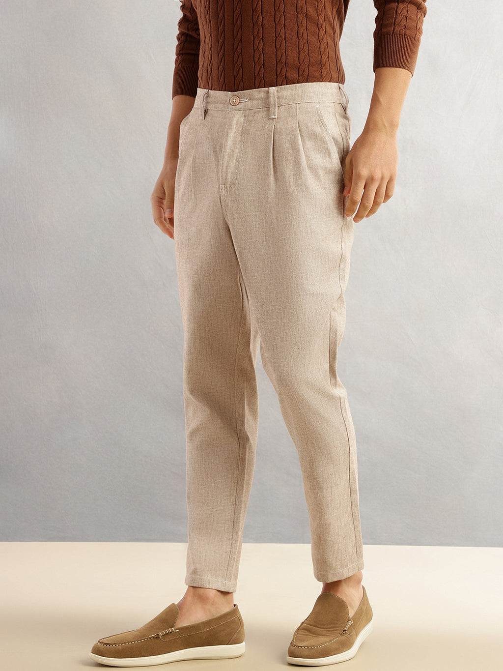 Thomas Scott Men Beige Regular Fit Mid-Rise Solid Linen Pleated Woven Chinos Trouser