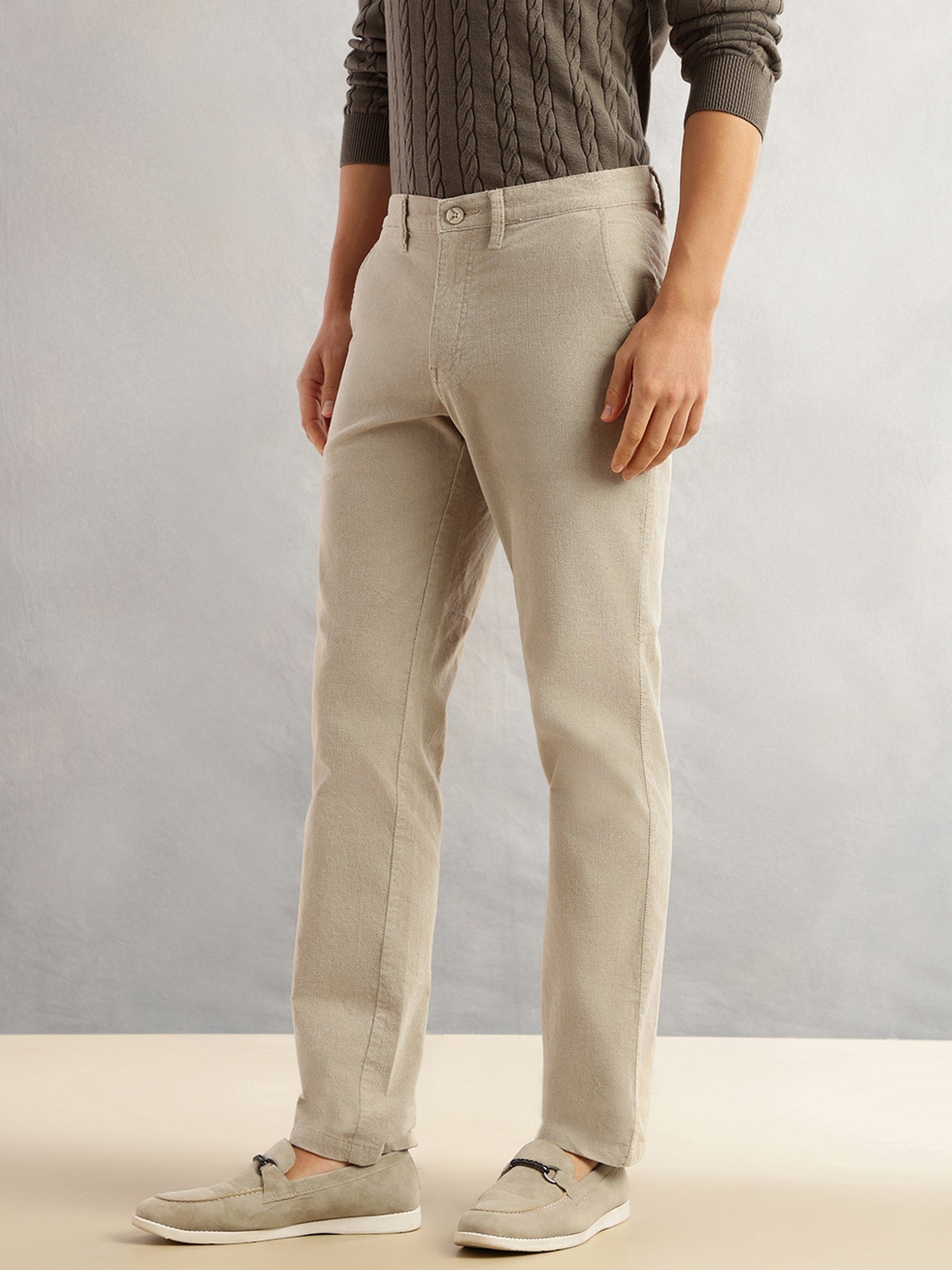 Thomas Scott Men Fawn Regular Fit Mid-Rise Self Texture Cross Corduroy Trouser
