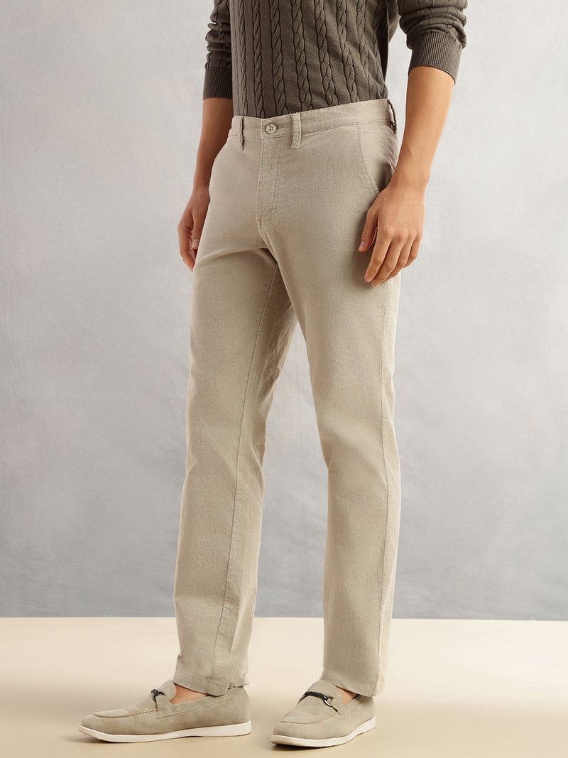 Thomas Scott Men Fawn Regular Fit Mid-Rise Self Texture Cross Corduroy Trouser