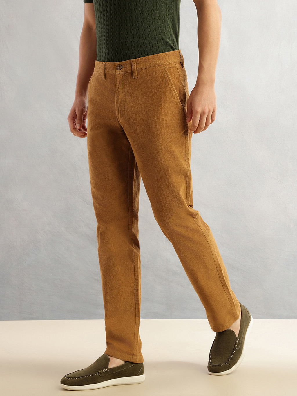 Thomas Scott Men Mustard Regular Fit Mid-Rise Self Texture Cross Corduroy Trouser