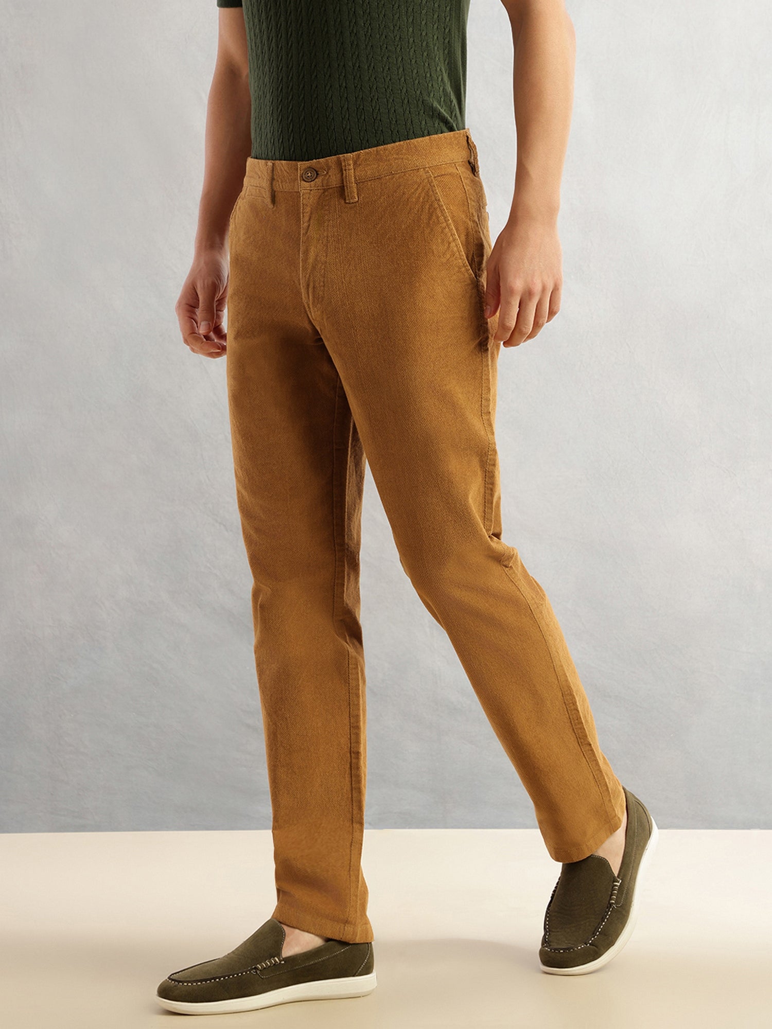 Thomas Scott Men Mustard Regular Fit Mid-Rise Self Texture Cross Corduroy Trouser