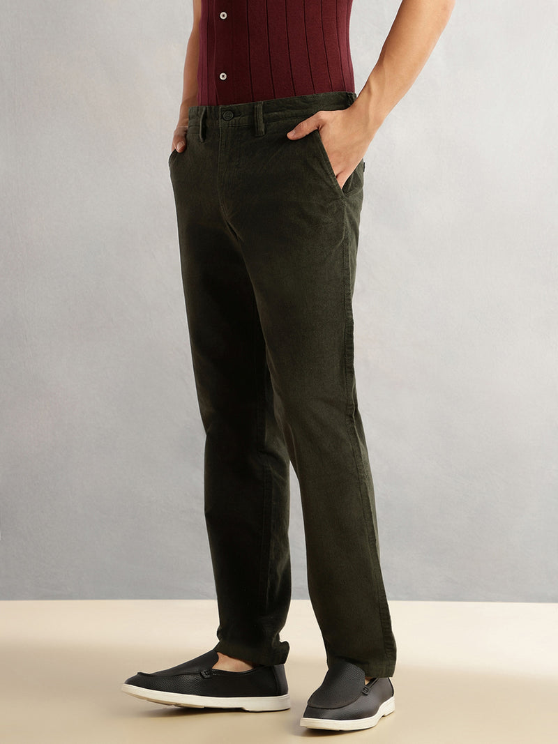 Thomas Scott Men Olive Regular Fit Mid-Rise Self Texture Cross Corduroy Trouser