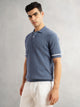 Thomas Scott Men Blue Regular Fit Short Sleeves Self Design 100% Cotton Polo Collar Knitted Tshirt