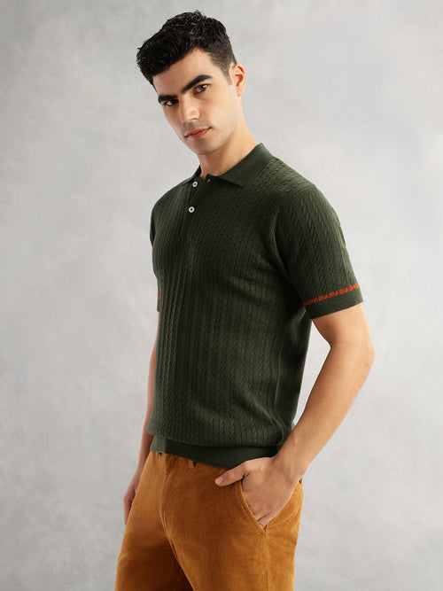 Thomas Scott Men Olive Regular Fit Short Sleeves Self Design 100% Cotton Polo Collar Knitted Tshirt