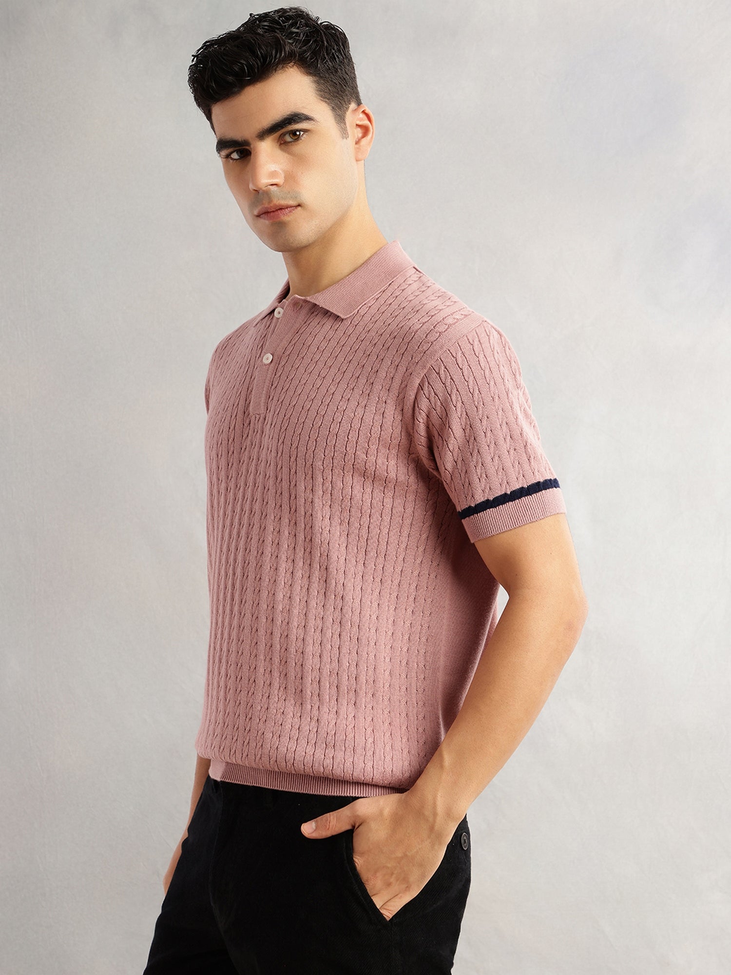 Thomas Scott Men Pink Regular Fit Short Sleeves Self Design 100% Cotton Polo Collar Knitted Tshirt