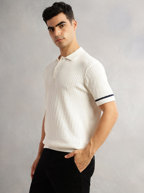 Thomas Scott Men White Regular Fit Short Sleeves Self Design 100% Cotton Polo Collar Knitted Tshirt