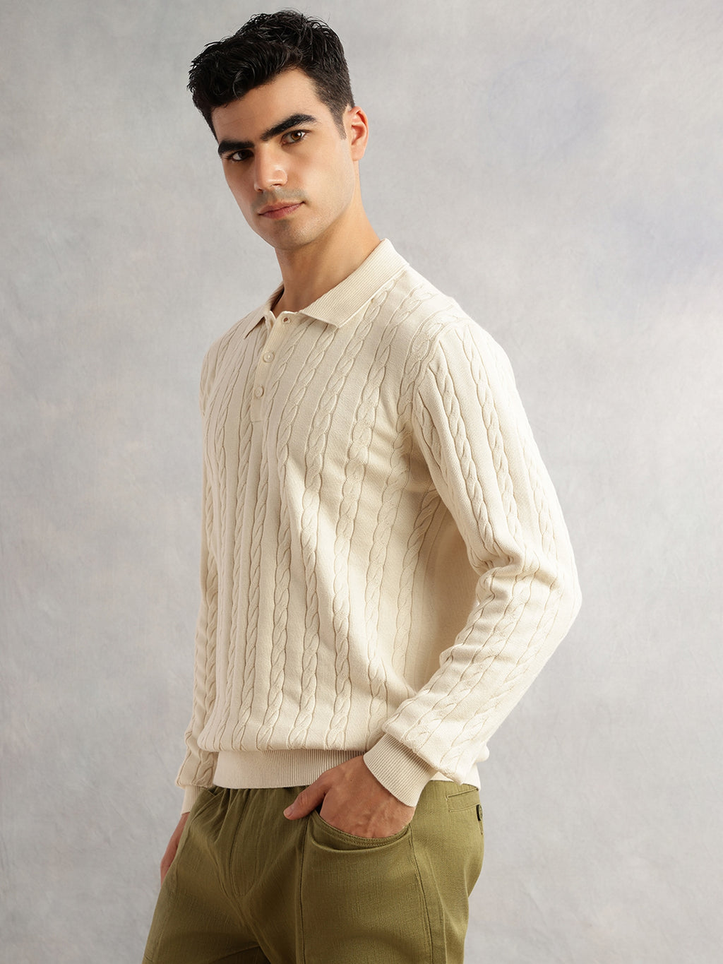Thomas Scott Men Cream Regular Fit Long Sleeves Self Design 100% Cotton Polo Collar Knitted Tshirt