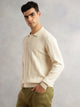 Thomas Scott Men Cream Regular Fit Long Sleeves Self Design 100% Cotton Polo Collar Knitted Tshirt