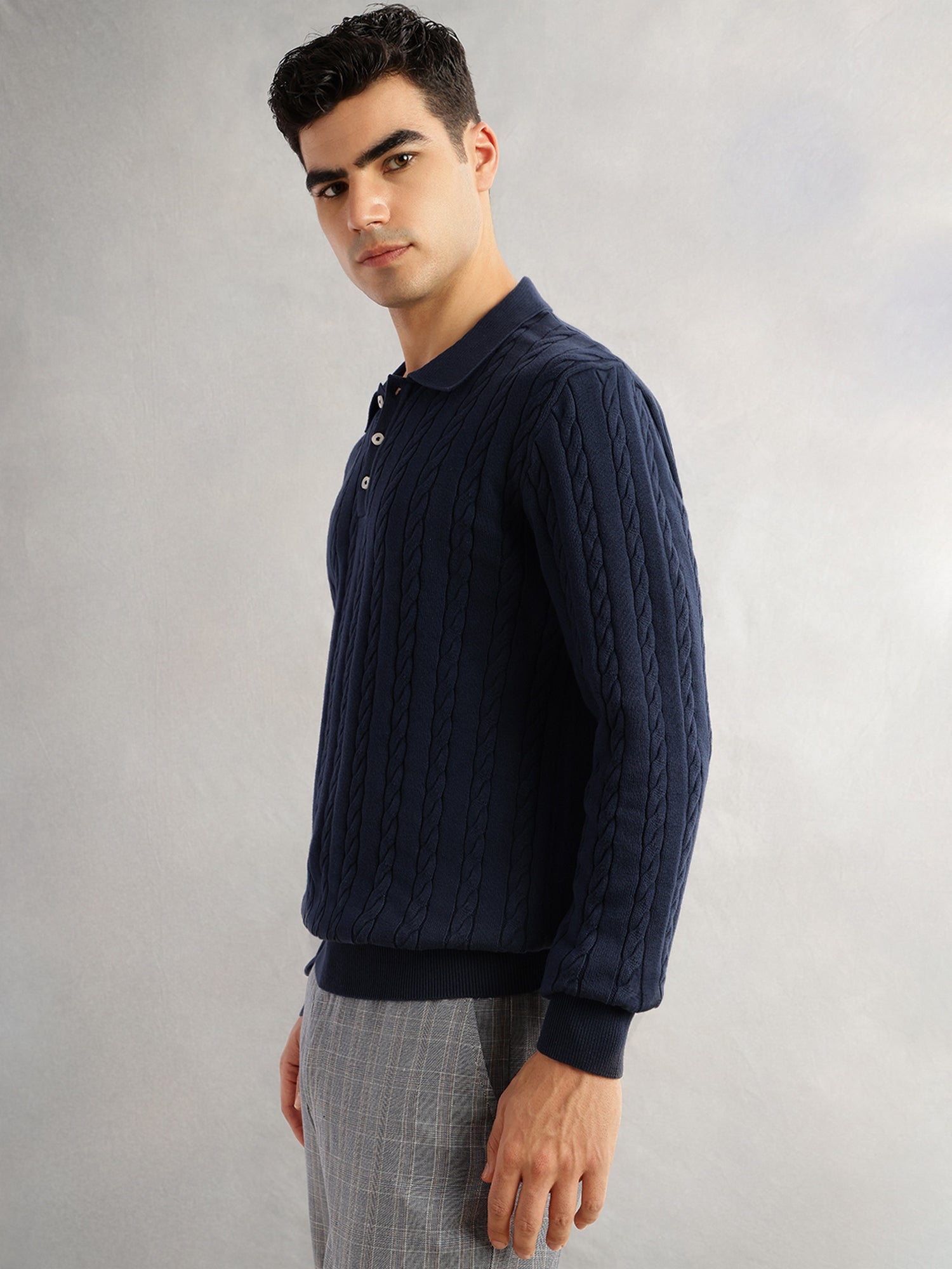 Thomas Scott Men Navy Regular Fit Long Sleeves Self Design 100% Cotton Polo Collar Knitted Tshirt
