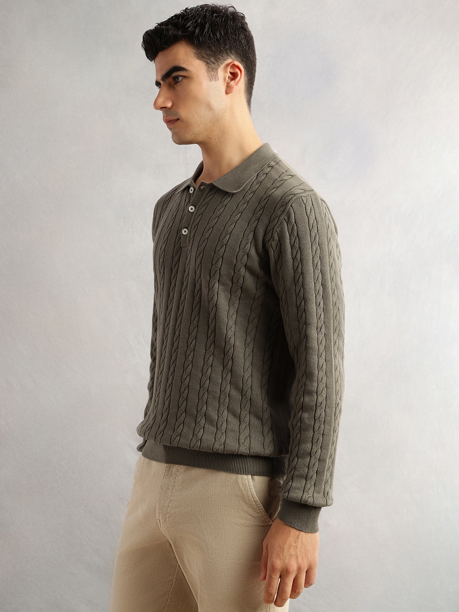 Thomas Scott Men Olive Regular Fit Long Sleeves Self Design 100% Cotton Polo Collar Knitted Tshirt