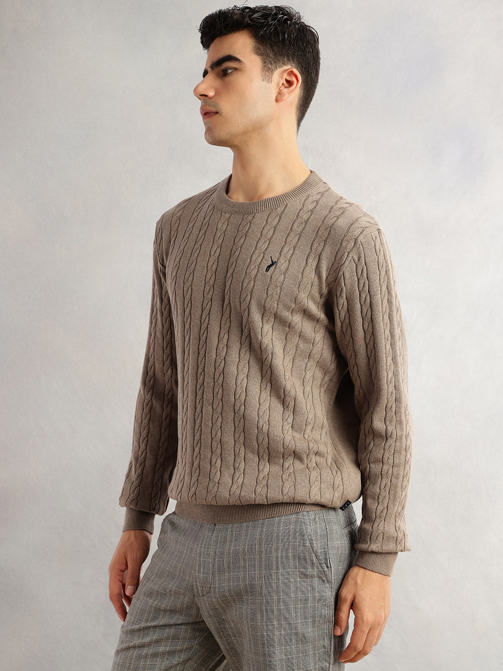 Thomas Scott Men Beige Regular Fit Long Sleeves Round Neck Self Design 100% Cotton Cable Knitted Pullover Sweater
