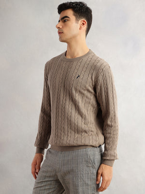 Thomas Scott Men Beige Regular Fit Long Sleeves Round Neck Self Design 100% Cotton Cable Knitted Pullover Sweater