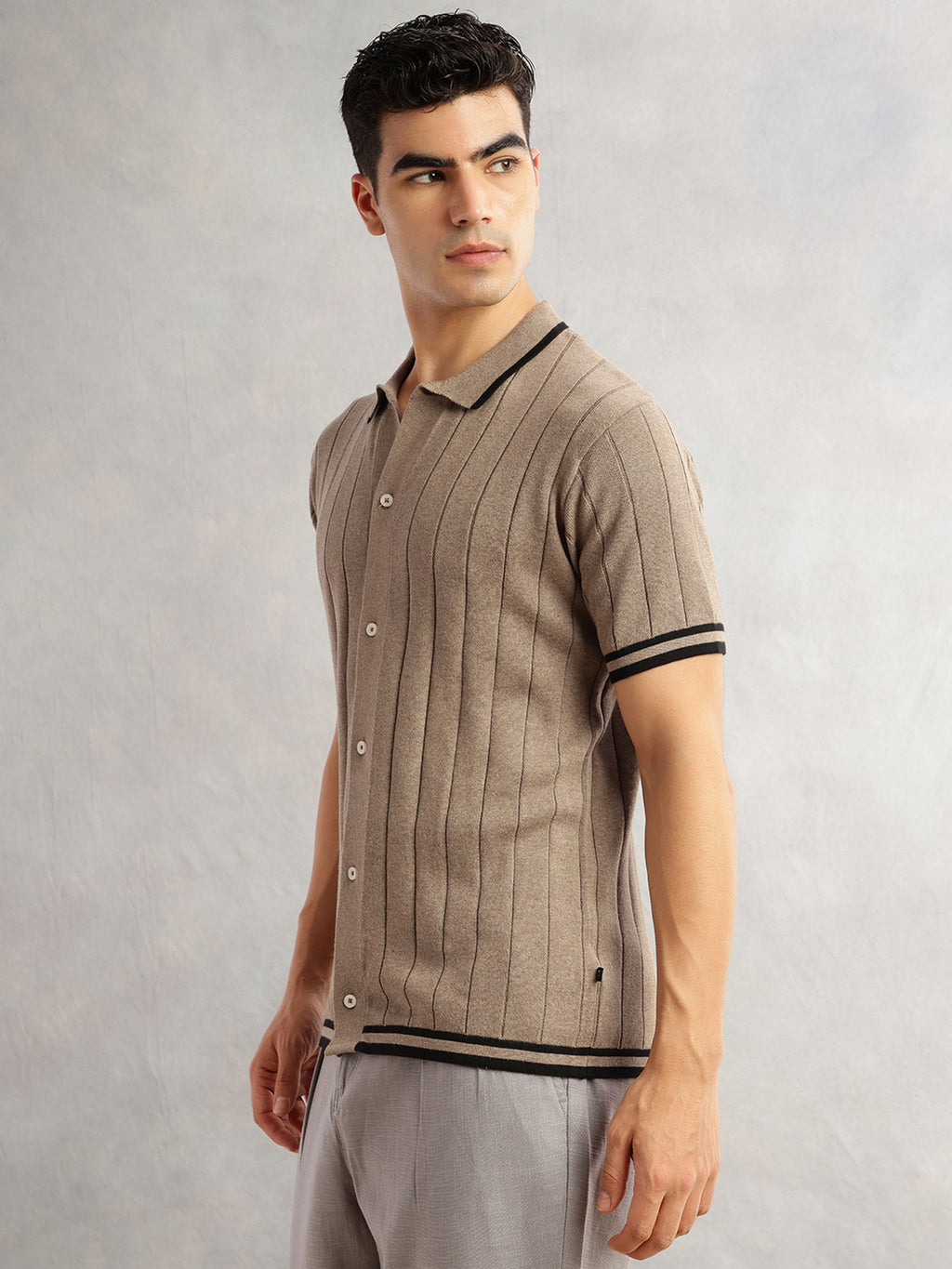 Thomas Scott Men Beige Regular Fit Short Sleeves Striped 100% Cotton Knitted Cardigan Sweater