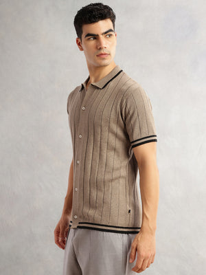 Thomas Scott Men Beige Regular Fit Short Sleeves Striped 100% Cotton Knitted Cardigan Sweater