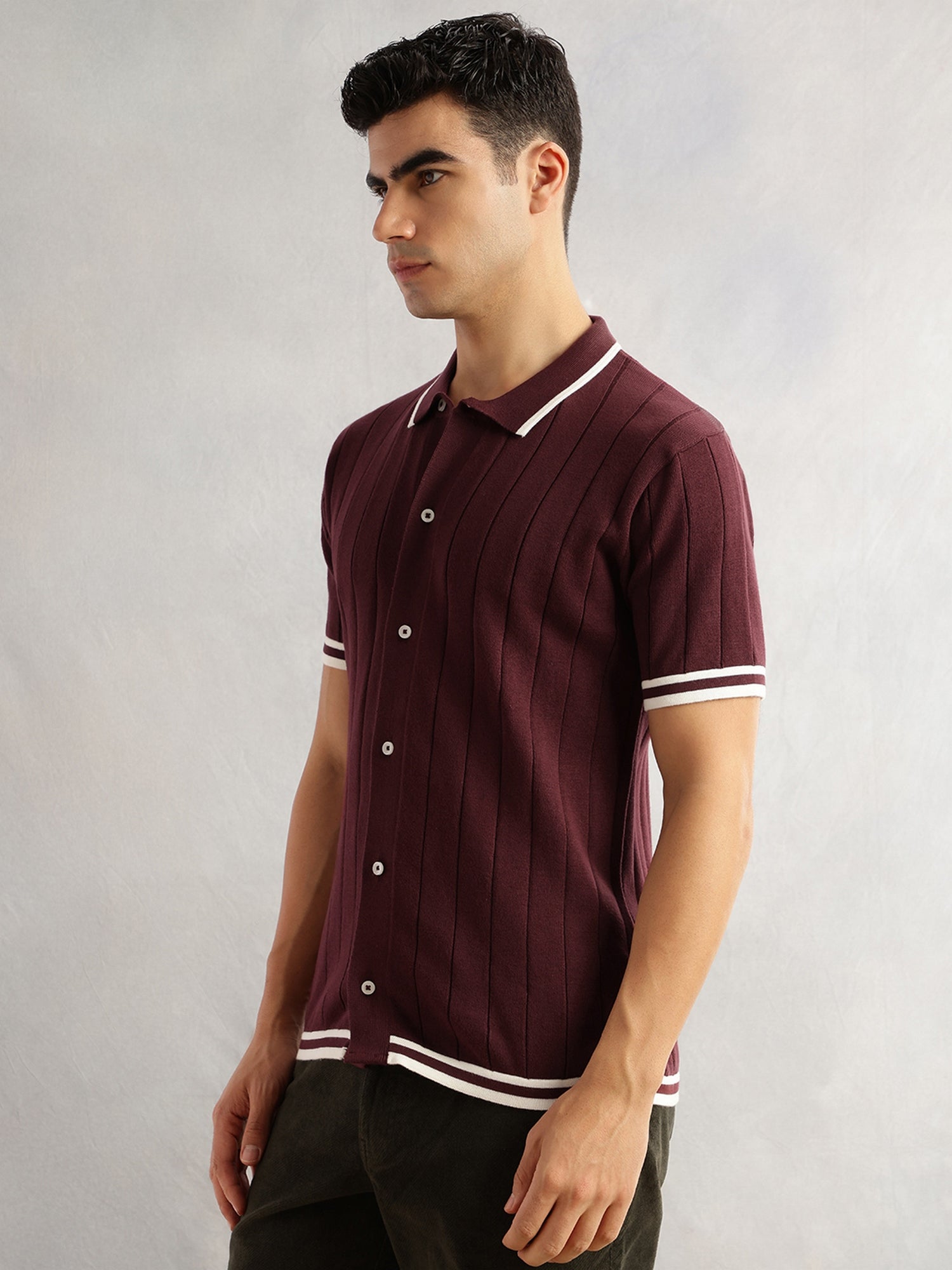 Thomas Scott Men Maroon Regular Fit Short Sleeves Striped 100% Cotton Knitted Cardigan Sweater