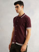 Thomas Scott Men Maroon Regular Fit Short Sleeves Striped 100% Cotton Knitted Cardigan Sweater