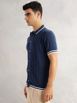 Navy Regular Fit Short Sleeves Striped 100% Cotton Knitted Cardigan Sweater For Men