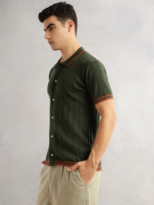 Thomas Scott Men Olive Regular Fit Short Sleeves Striped 100% Cotton Knitted Cardigan Sweater