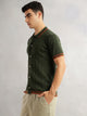 Thomas Scott Men Olive Regular Fit Short Sleeves Striped 100% Cotton Knitted Cardigan Sweater