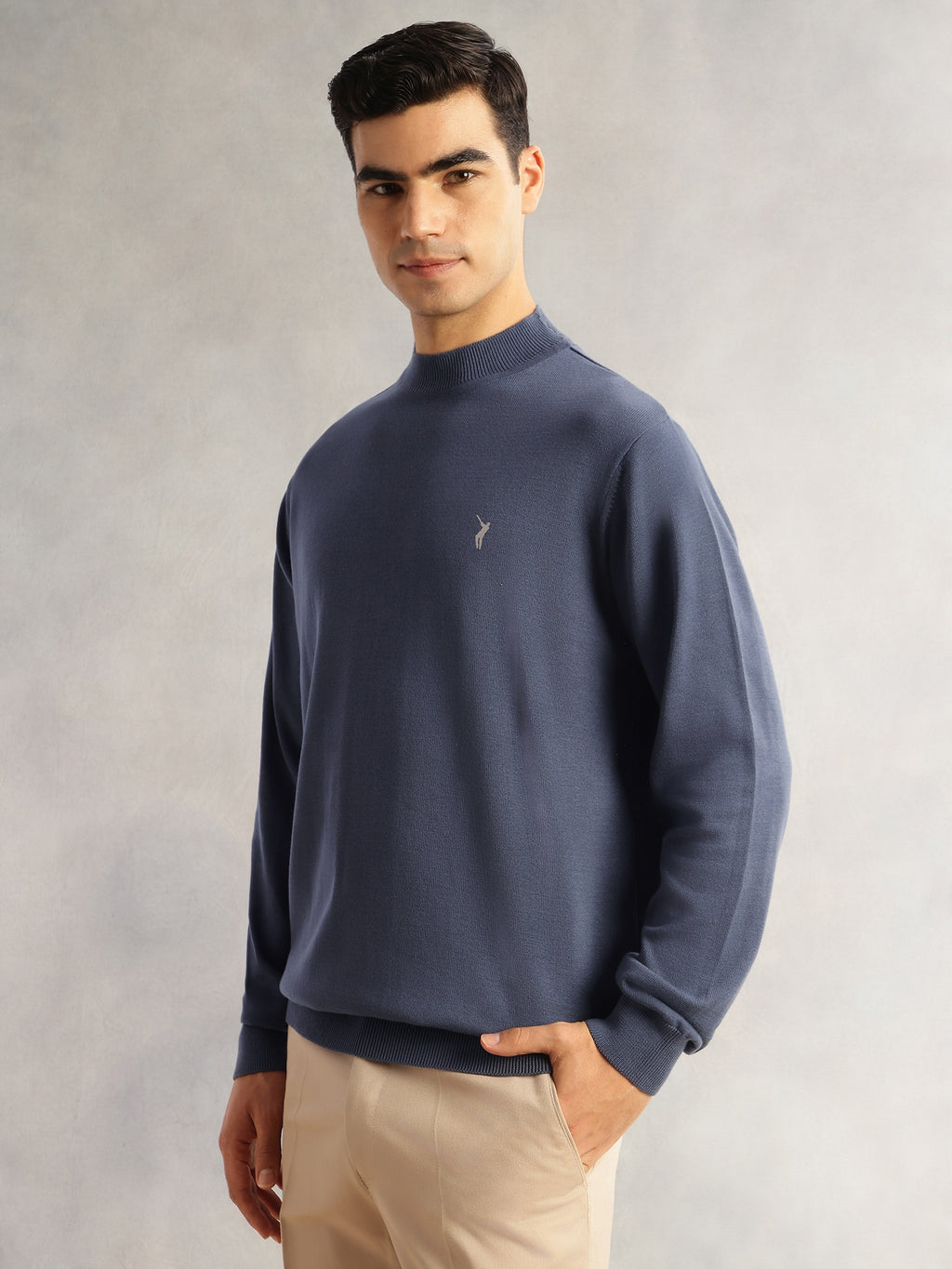Thomas Scott Men Navy Regular Fit Long Sleeves Turtle Neck 100% Cotton Solid Knitted Pullover Sweater