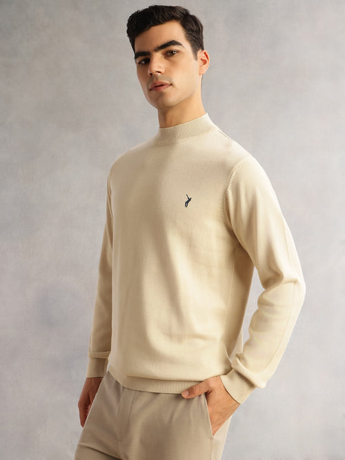Thomas Scott Men OffWhite Regular Fit Long Sleeves Turtle Neck 100% Cotton Solid Knitted Pullover Sweater