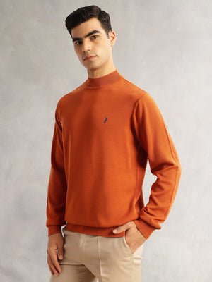 Thomas Scott Men Rust Regular Fit Long Sleeves Turtle Neck 100% Cotton Solid Knitted Pullover Sweater