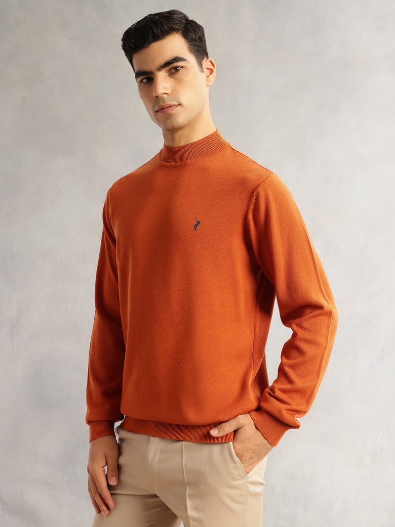 Thomas Scott Men Rust Regular Fit Long Sleeves Turtle Neck 100% Cotton Solid Knitted Pullover Sweater