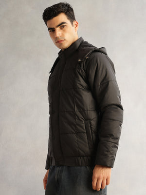 Thomas Scott Men Black Regular Fit Long Sleeves 2 Pockets Polyester Knitted Hooded Puffer Jacket
