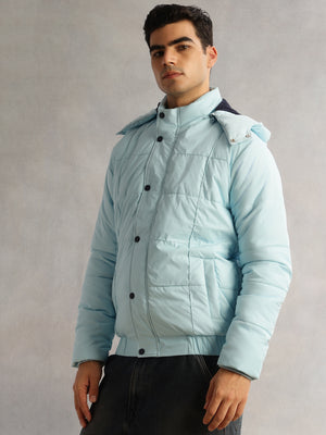 Thomas Scott Men SkyBlue Regular Fit Long Sleeves 2 Pockets Polyester Knitted Hooded Puffer Jacket