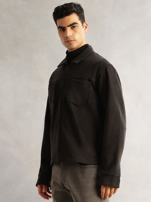 Thomas Scott Men Black Regular Fit Long Sleeves Self Design Polyester Knitted Open-Front Jacket